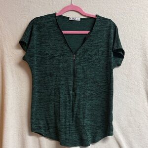 SMX Dark Green Short Sleeve V-Neck Zip Knit Top